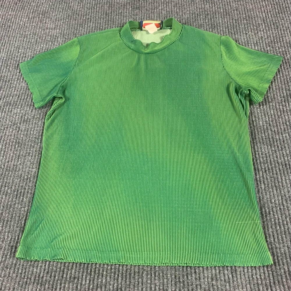 Hipwear Shirt Womens Medium Green Pleated Mock Neck Short‎ Sleeve Retro Top